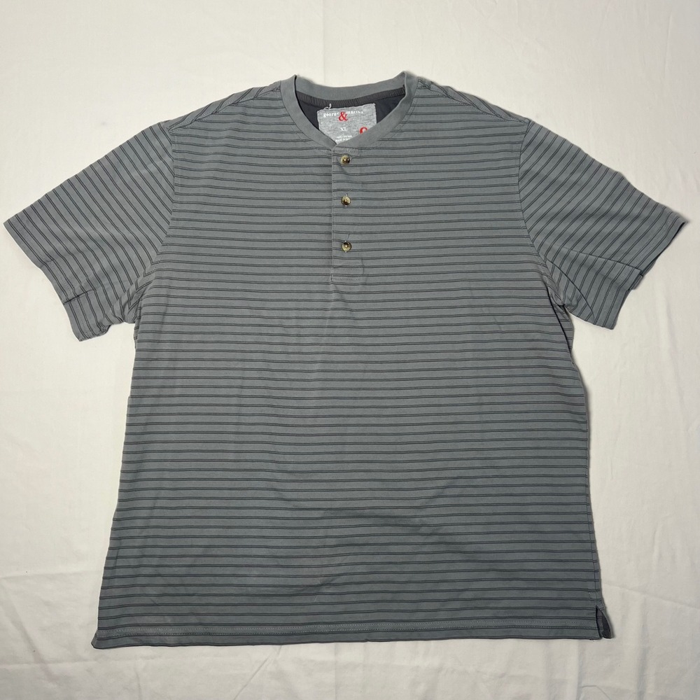 George & Martha Mens XL Gray Striped Short Sleeve Henley Shirt 100% Cotton